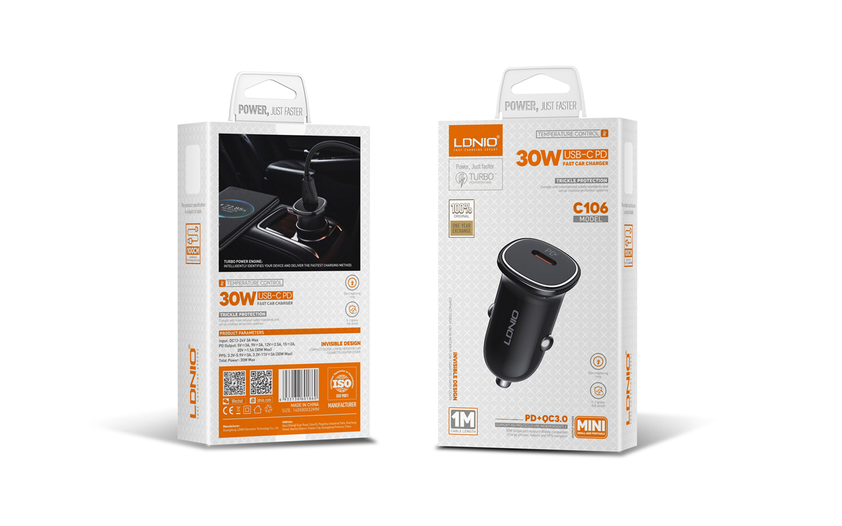 بسته‌بندی شارژر فندکی LDNIO C106 با دفترچه راهنما و لوازم جانبی