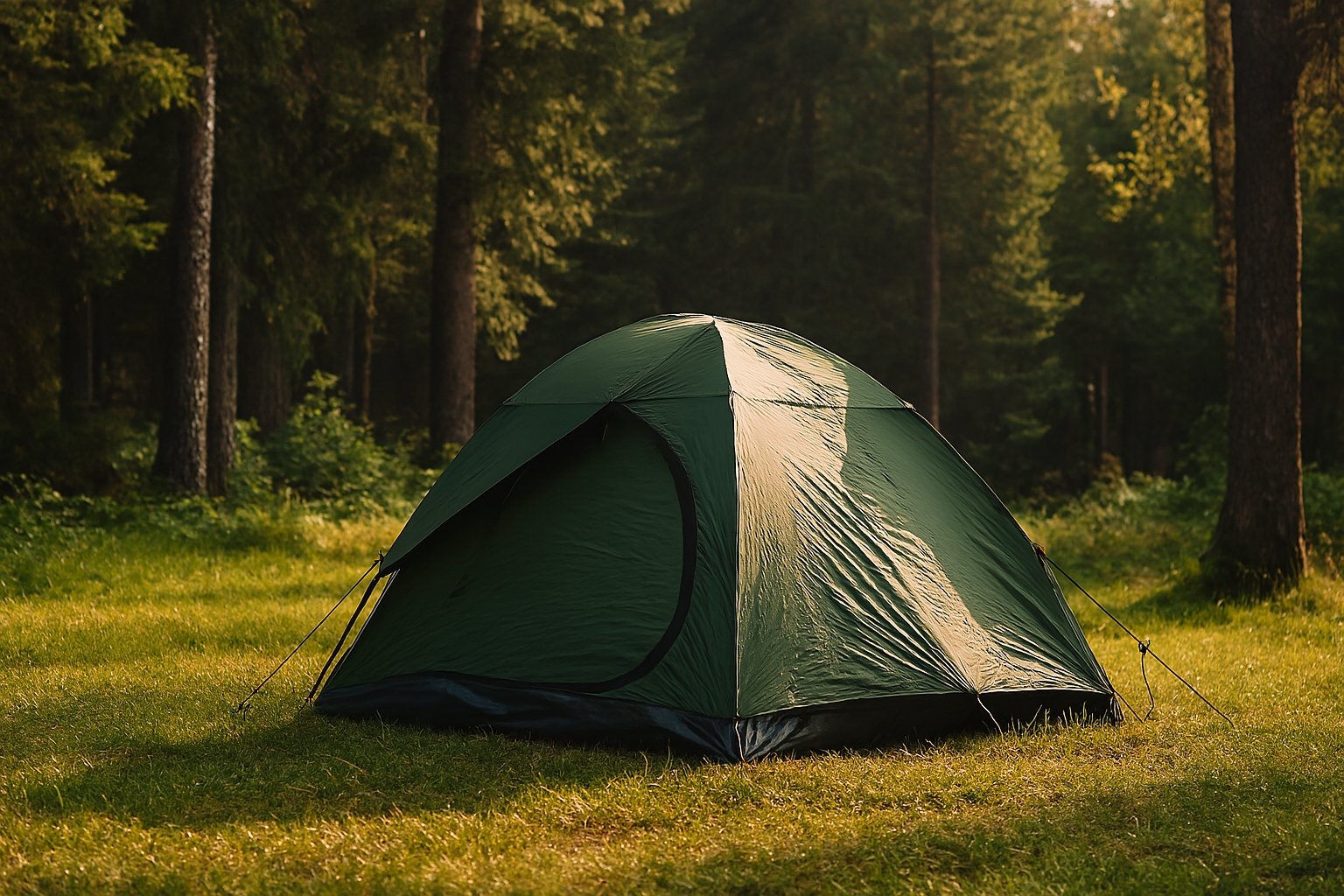 چادر سبز کمپینگ نصب‌شده در فضای جنگلی با نور طبیعی صبح، بدون حضور افراد