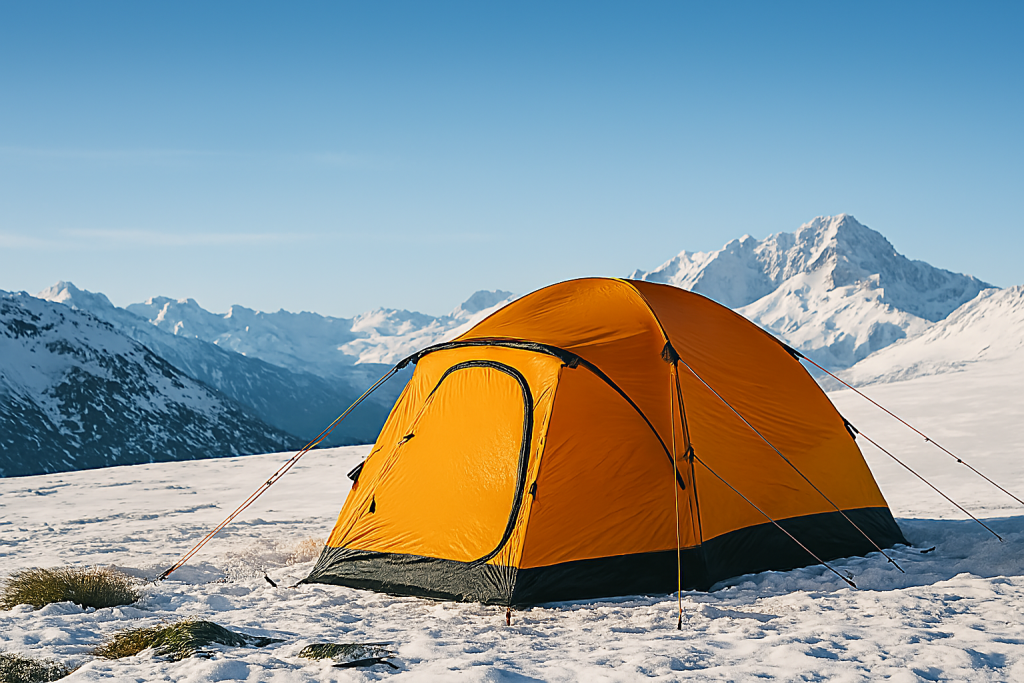 چادر نارنجی چهار فصل با طراحی مقاوم در برابر برف، باد و سرما، نصب‌شده در محیط کوهستانی پوشیده از برف، بدون حضور افراد
