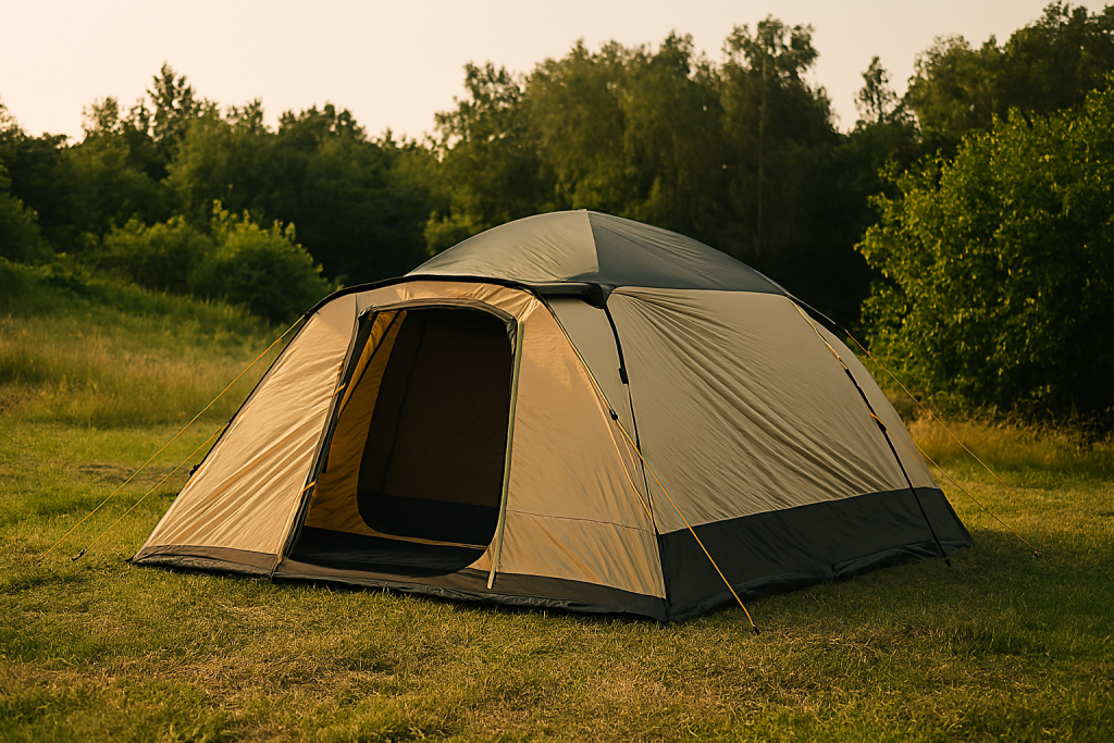 چادر بزرگ خانوادگی مناسب ۴ تا ۸ نفر، نصب‌شده در فضای سبز جنگلی با نور طبیعی، بدون حضور افراد