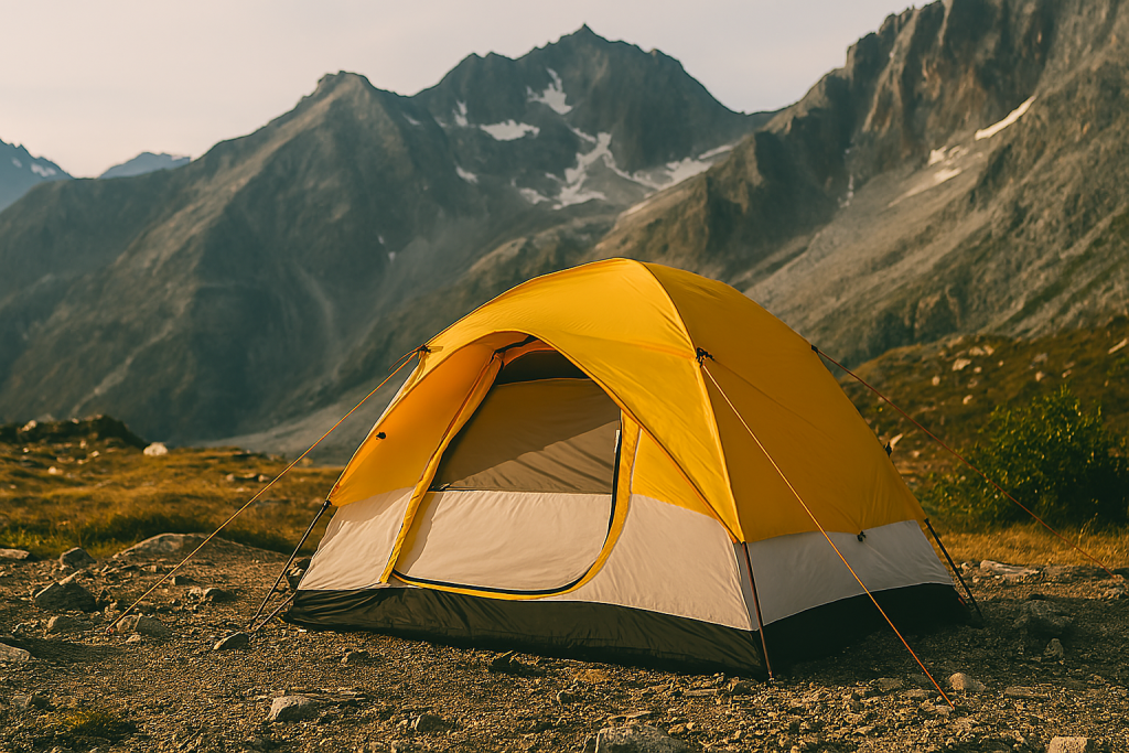 چادر زرد سبک و ضدآب مناسب ۱ تا ۳ نفر، نصب‌شده در محیط کوهستانی با زمین سنگی و منظره‌ی طبیعی، بدون حضور افراد