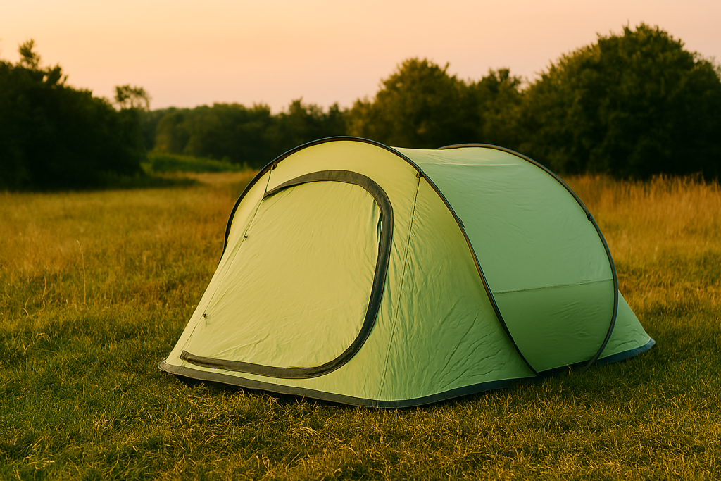 چادر سبز پاپ‌آپ با طراحی اتوماتیک، نصب‌شده در چمن‌زار طبیعی با نور گرم عصرگاهی، مناسب سفرهای کوتاه خانوادگی، بدون حضور افراد