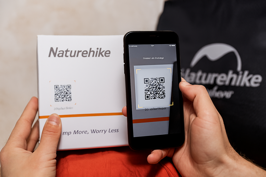 
اسکن QR code روی جعبه سفید و نارنجی Naturehike با گوشی هوشمند در محیط طبیعی