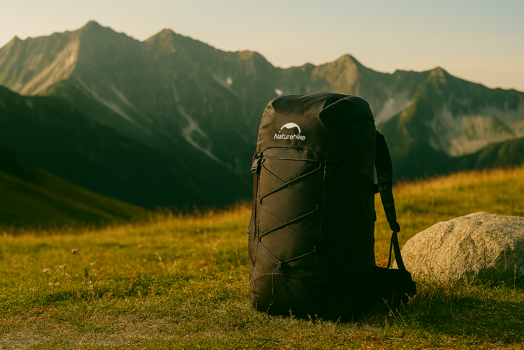 کوله‌پشتی مشکی Naturehike با طراحی ارگونومیک و سبک، قرار گرفته در چمن‌زار کوهستانی، بدون حضور افراد