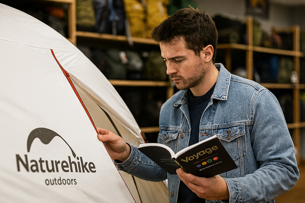 
مرد جوان در حال بررسی چادر سفید Naturehike و مطالعه دفترچه راهنما در فروشگاه تجهیزات کمپینگ