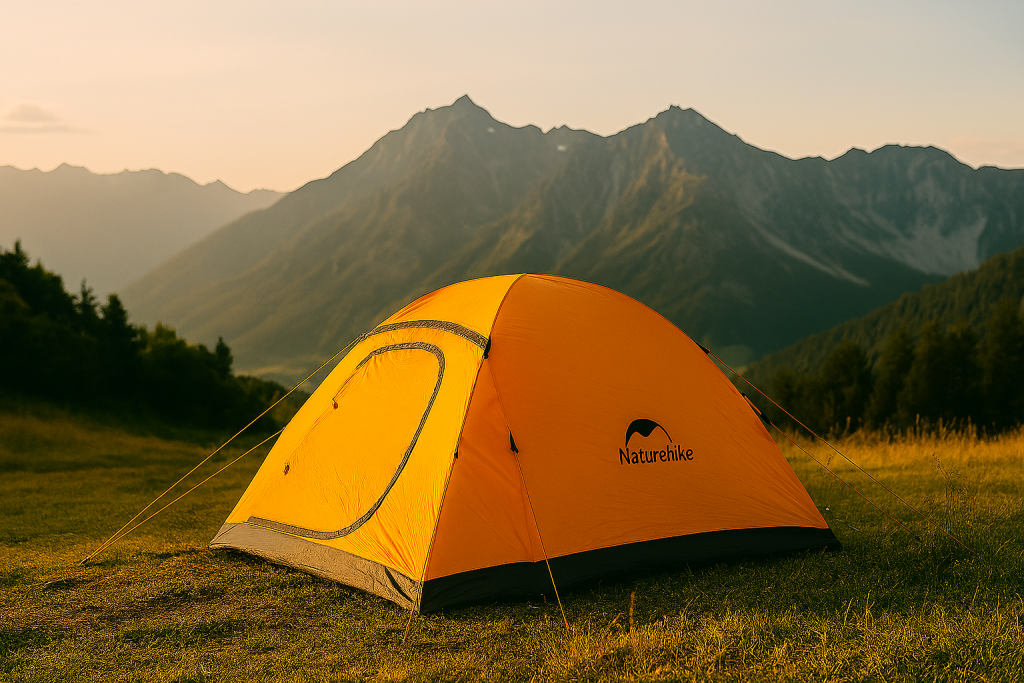 چادر، کیسه خواب، کوله‌پشتی و ابزار کمپینگ Naturehike در محیط طبیعی، بدون حضور افراد