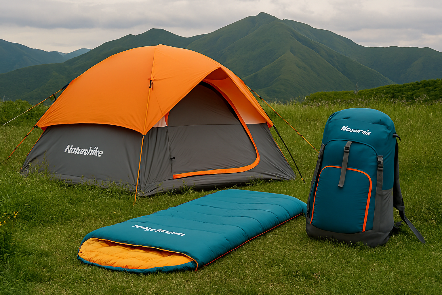 تجهیزات کمپینگ Naturehike شامل چادر، کیسه خواب و کوله‌پشتی در طبیعت