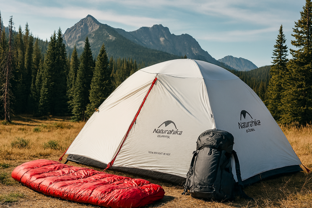 چادر سفید Naturehike، کیسه خواب قرمز و کوله‌پشتی خاکستری در منظره کوهستانی و جنگلی