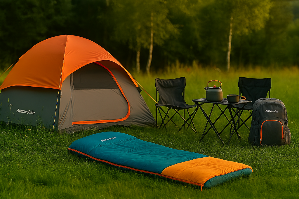 مجموعه تجهیزات کمپینگ Naturehike شامل چادر، کیسه خواب، کولهپشتی، ظروف و میز و صندلی