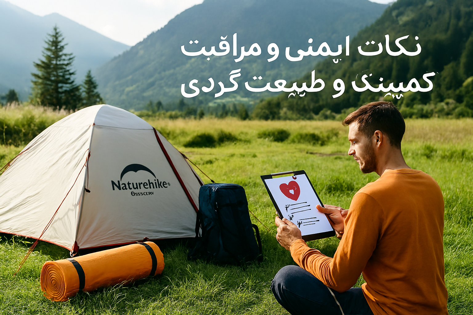 مردی در حال مطالعه چک‌لیست ایمنی در کنار چادر Naturehike، کیسه خواب و کوله‌پشتی در طبیعت کوهستانی
