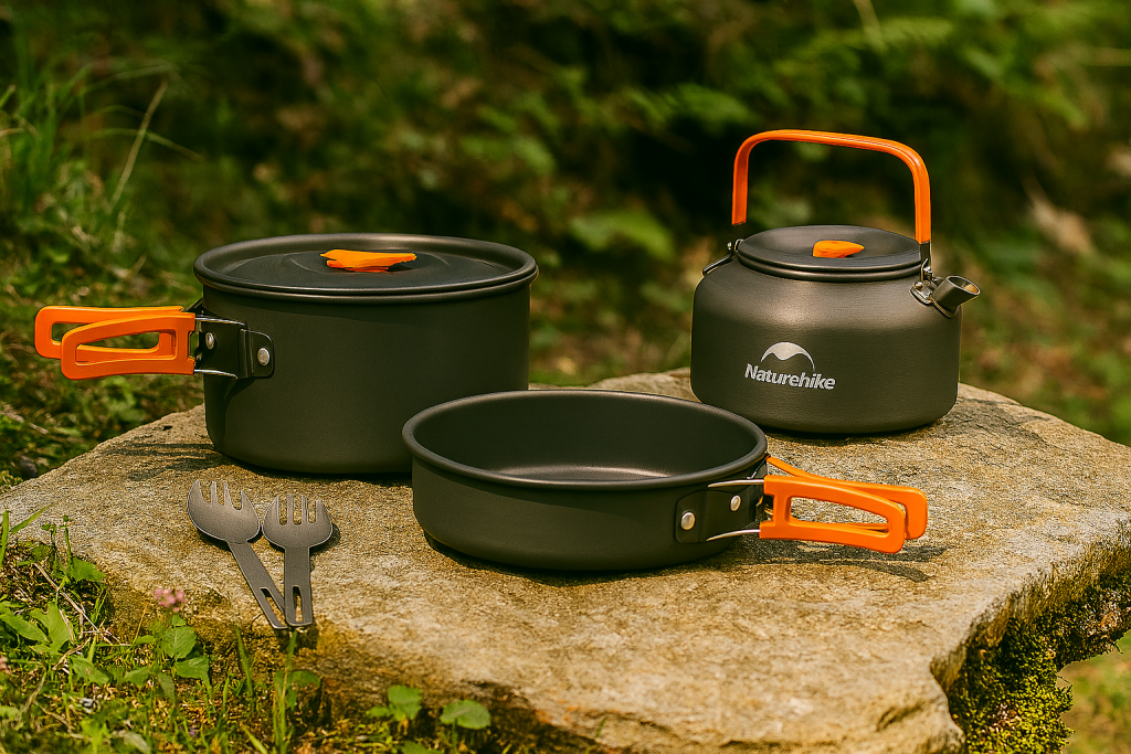 ست ظروف کمپینگ Naturehike شامل قابلمه، ماهیتابه، کتری و قاشق، چیده‌شده روی سطح سنگی یا چوبی در محیط جنگلی یا کوهستانی، بدون حضور افراد