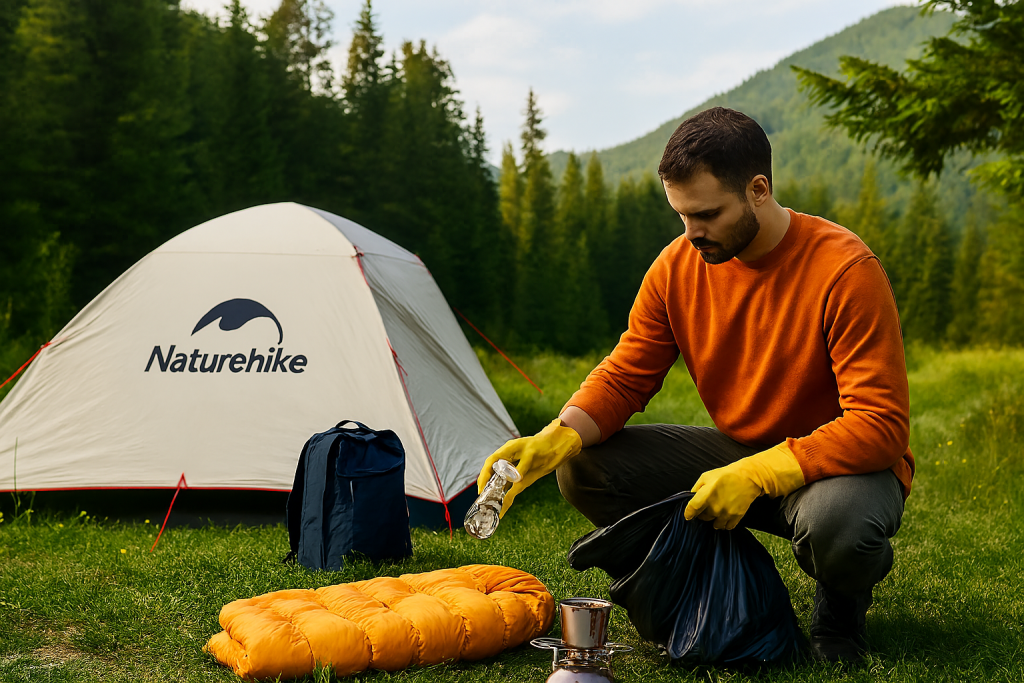 
مردی در حال جمع‌آوری زباله‌ها کنار چادر Naturehike در جنگل برای حفظ محیط زیست