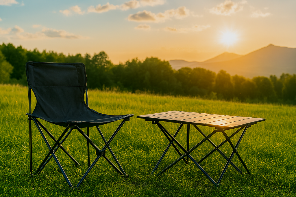 میز و صندلی تاشو Naturehike در طبیعت کنار کوه و آسمان آبی