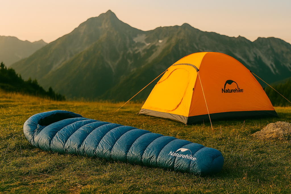 کیسه خواب آبی Naturehike پهن‌شده در چمن‌زار کوهستانی با طراحی سبک و ضدآب، بدون حضور افراد