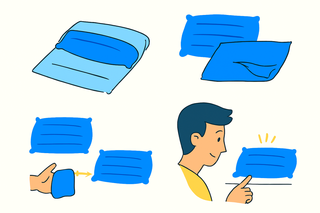 تصویر نکات تکمیلی برای تجربه کمپینگ راحتتر شامل استفاده از کاور یا پوشش، ترکیب بالش با پتو یا فوم سبک، تنظیم ارتفاع و سفتی، و آمادهسازی قبل از شب