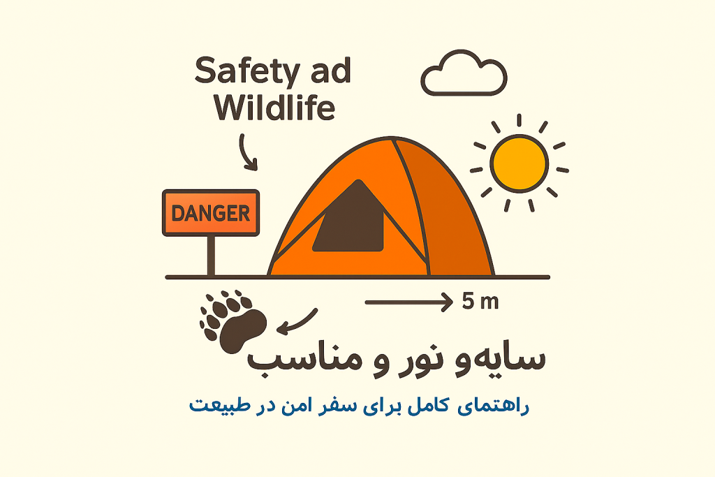 چادر کمپینگ با فاصله از رد پای حیوانات و تابلوی هشدار