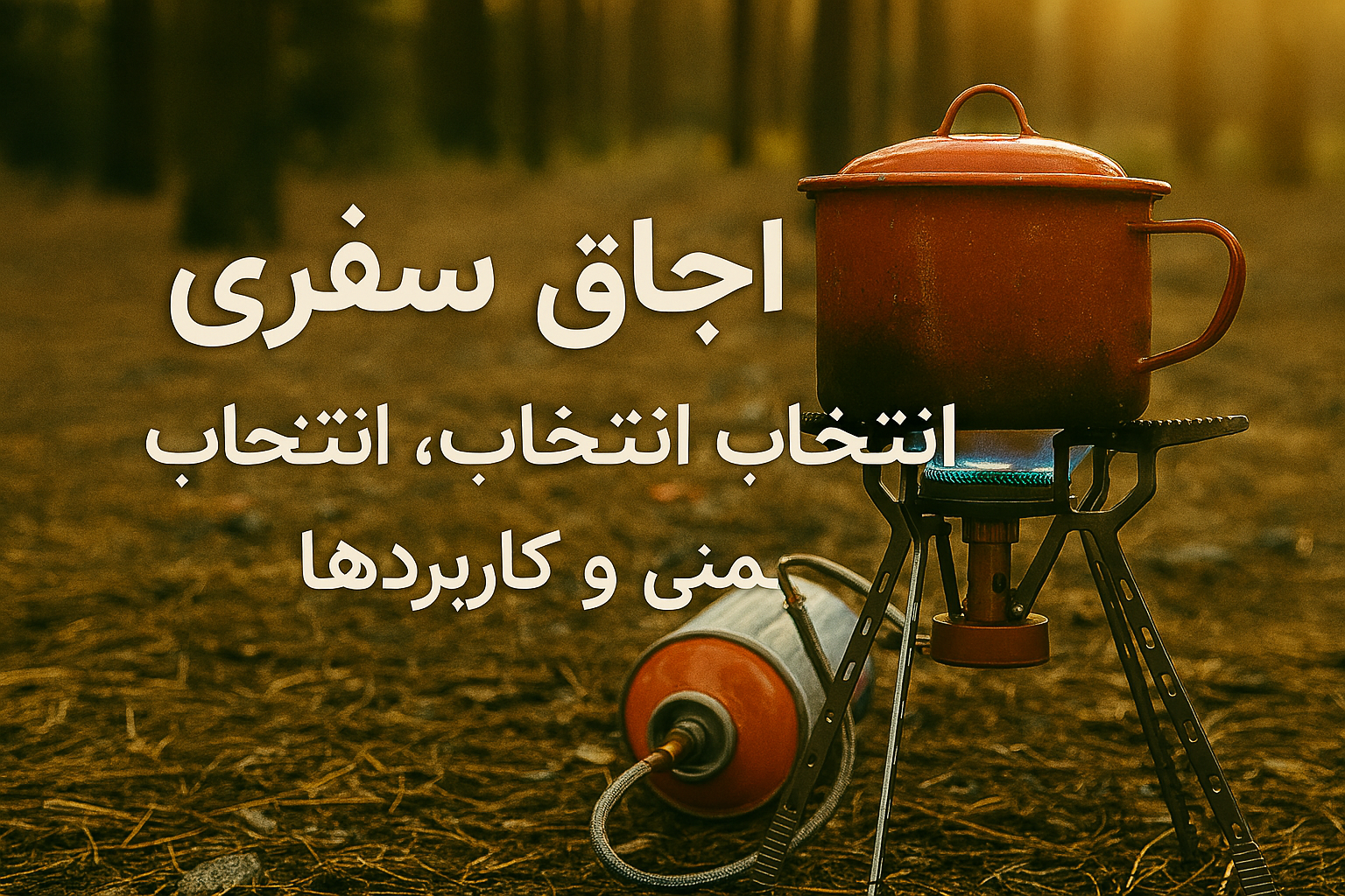 اجاق قابل‌حمل روشن در جنگل، با قابلمه روی شعله و چادر کمپینگ در پس‌زمینه