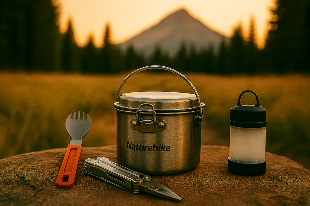 ابزار چندکاره، هدلامپ LED و تجهیزات آشپزی سبک Naturehike در طبیعت کوهستانی