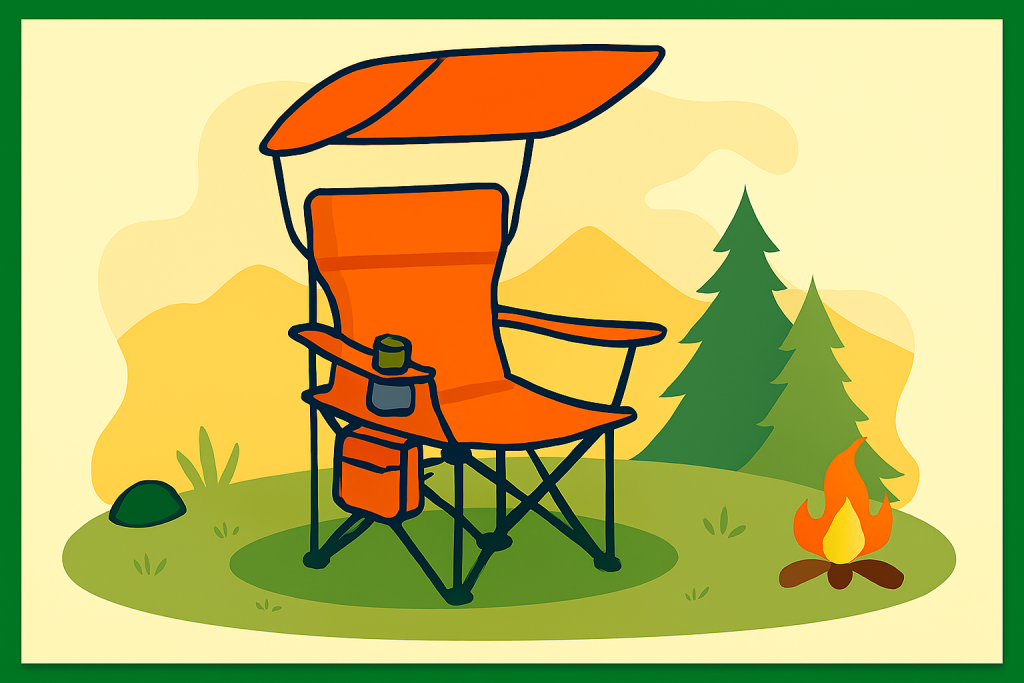 تصویر صندلی کمپینگ نارنجی با جا لیوانی، جیب جانبی و سایه‌بان در فضای کمپ خانوادگی
