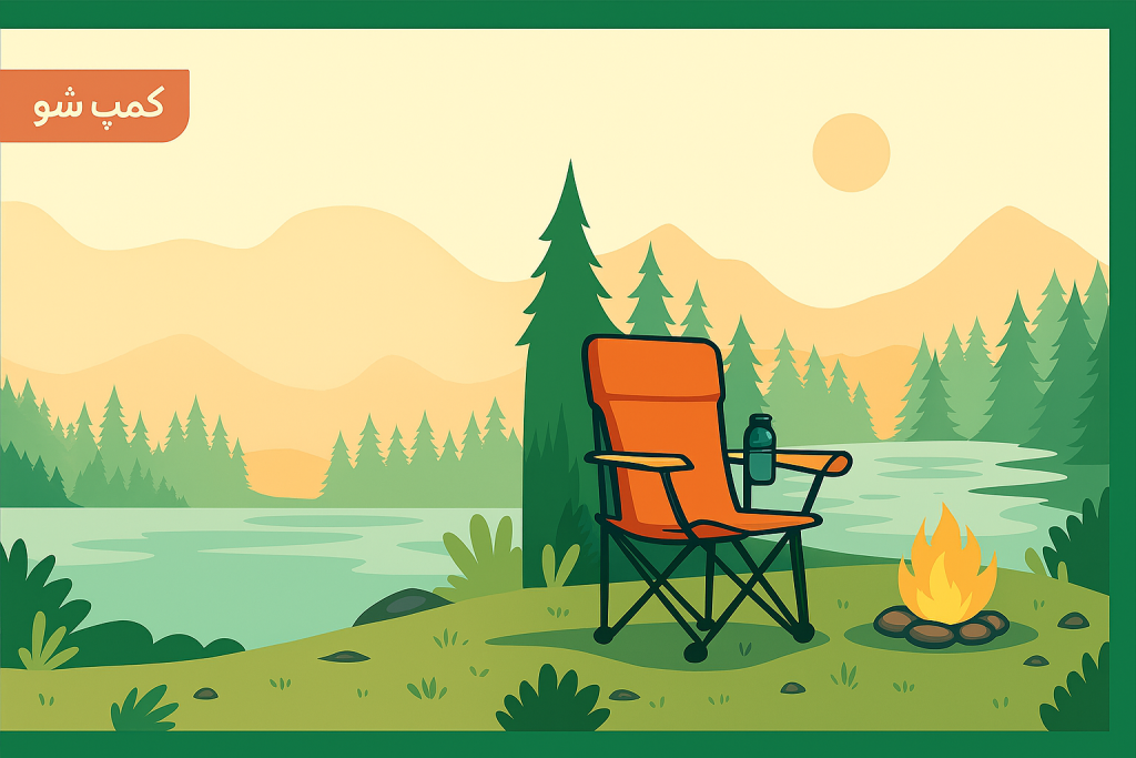 تصویر صندلی کمپینگ در طبیعت با منظره دریاچه، آتش و کوهستان - کمپ شو