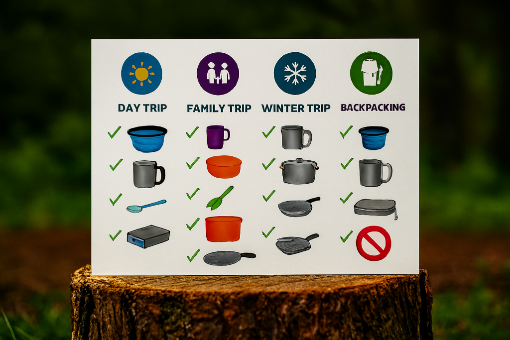 لیست تصویری ظروف برای سفر یک‌روزه، خانوادگی، زمستانی و بک‌پکینگ با آیکون‌های مرتبط
