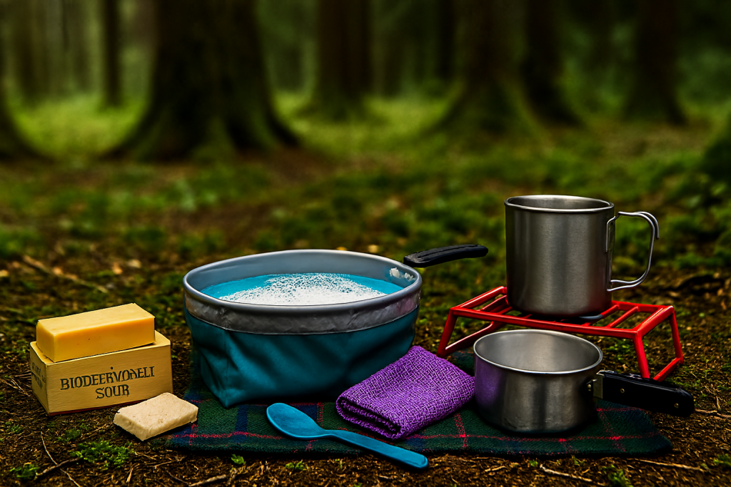 صابون زیست‌تخریب‌پذیر، سینک تاشو، حوله میکروفایبر و رک خشک‌کن در کمپ جنگلی