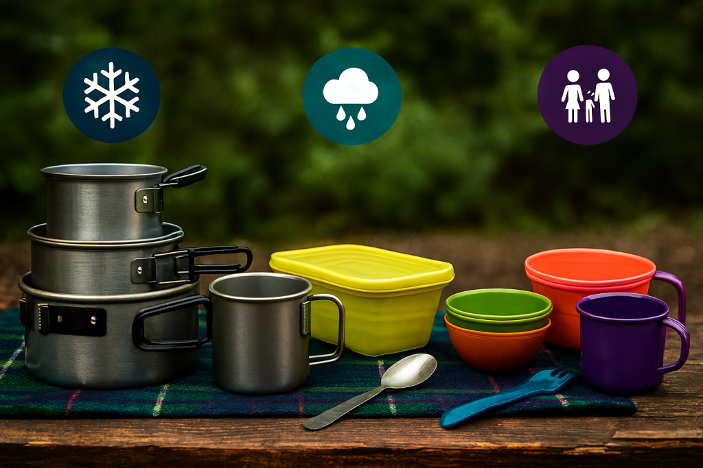 ظروف فلزی زمستانی، ظروف ضدآب، ظروف رنگی کودکانه روی میز چوبی با نمادهای برف، باران و خانواده