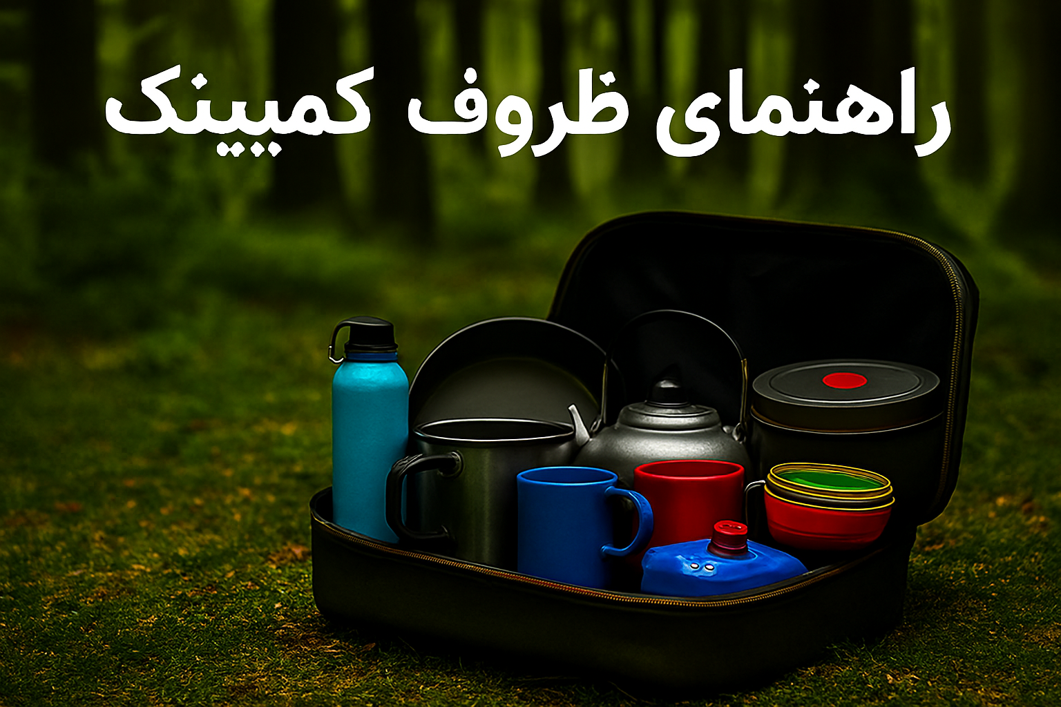چمدان باز حاوی ظروف رنگی کمپینگ روی زمین جنگلی با عنوان فارسی راهنمای خرید ظروف کمپینگ