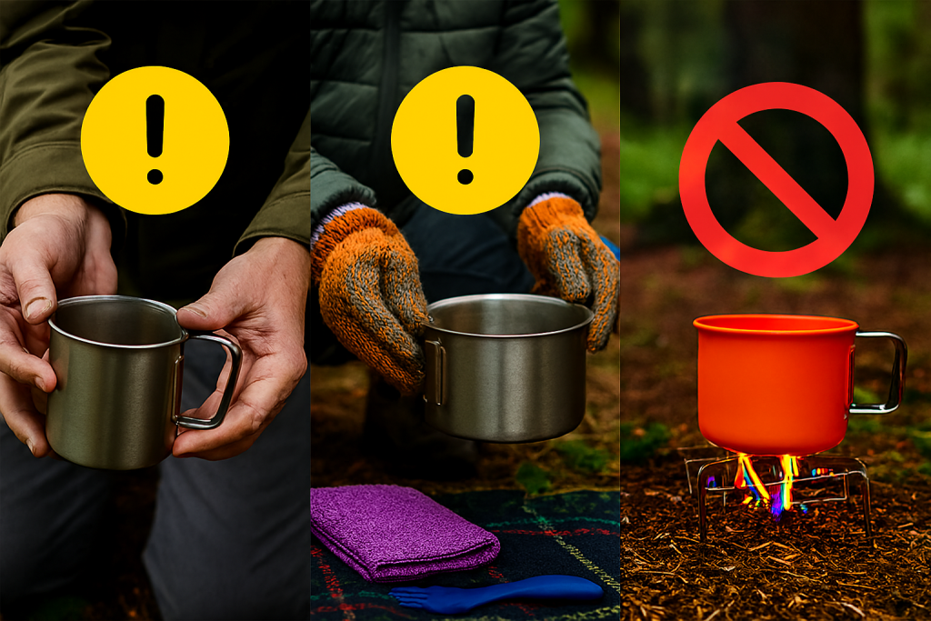 فردی در حال بررسی شکستگی ظروف، استفاده از دستکش برای قابلمه داغ، و پرهیز از شعله زیر ظرف پلاستیکی