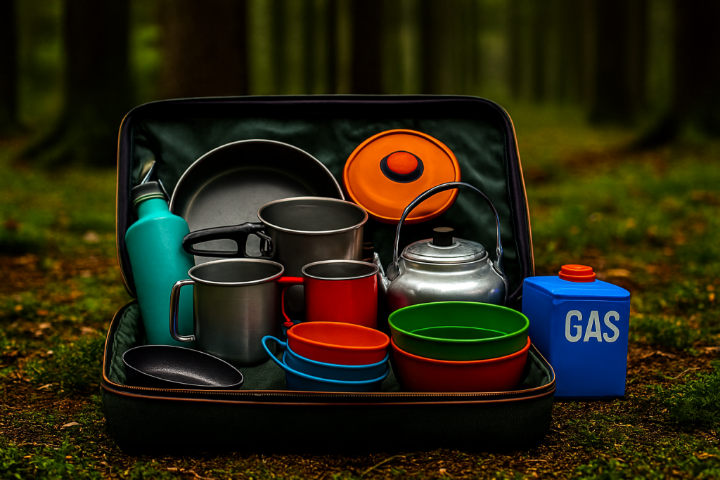 خانواده‌ای خوشحال در حال غذا خوردن در طبیعت با ست کامل ظروف کمپینگ کنار آتش و در دل جنگل