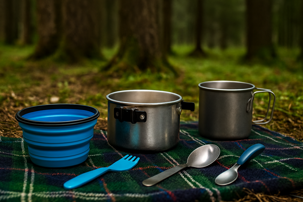 ظروف تاشو سیلیکونی، قابلمه فلزی، لیوان تیتانیومی و قاشق پلاستیکی روی پتو پیک‌نیک در جنگل