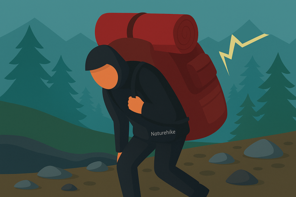 طبیعت‌گرد با کوله‌پشتی سنگین در مسیر کوهستانی – اشتباهات رایج در کمپینگ