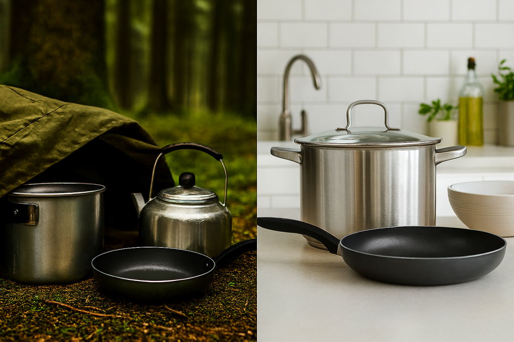 قابلمه، کتری و تابه در طبیعت زیر کاور سبز زیتونی و قابلمه، تابه و کاسه در آشپزخانه روشن