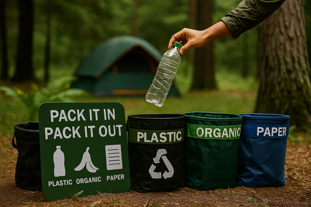تفکیک زبالهها در کمپینگ مسئولانه با سطلهای بازیافت در جنگل
