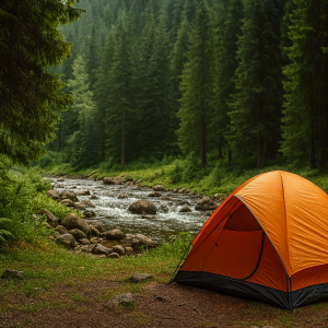 چادر کمپینگ نارنجی در جنگل سرسبز کنار رودخانه کوهستانی