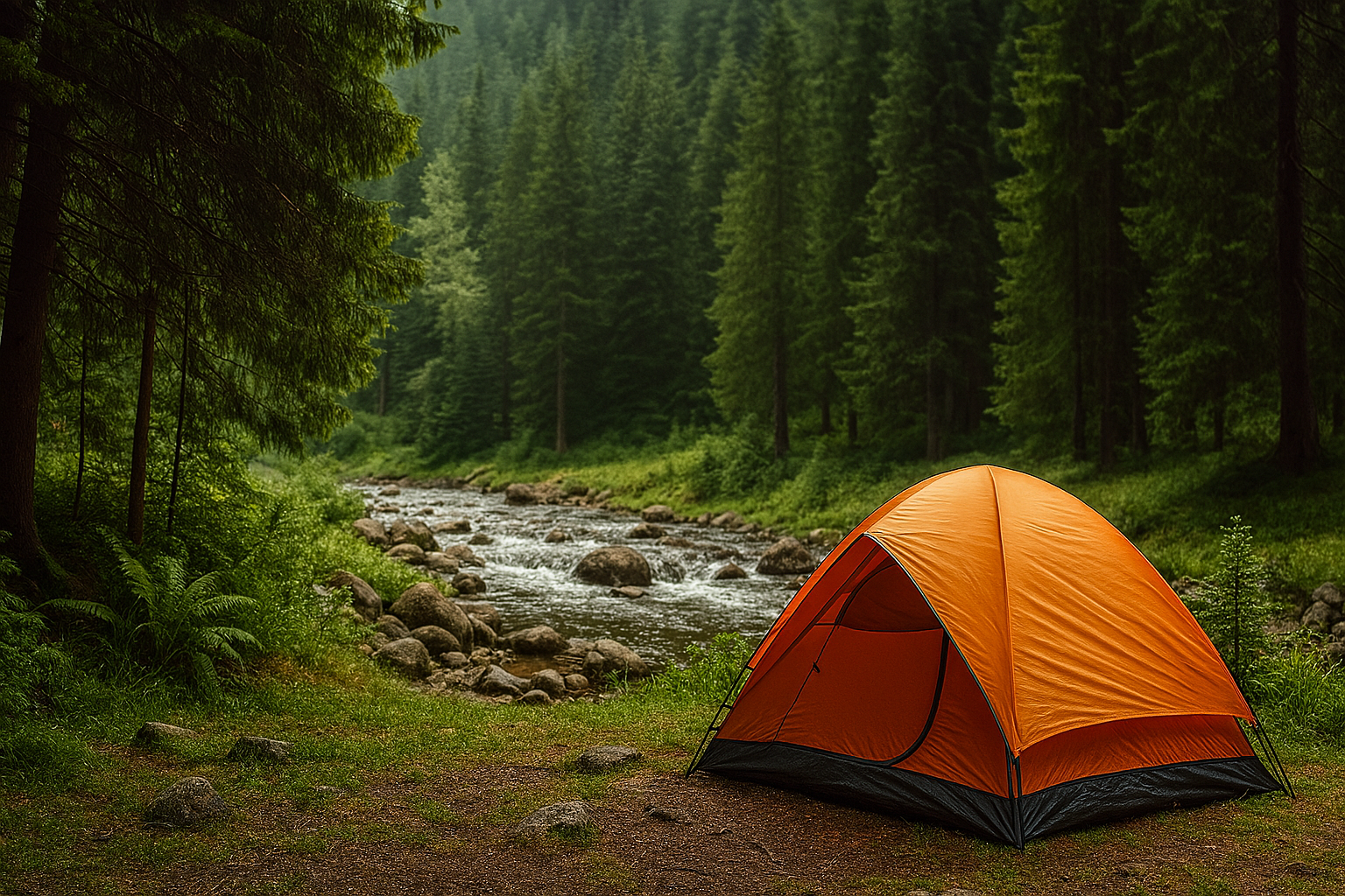 چادر کمپینگ نارنجی در جنگل سرسبز کنار رودخانه کوهستانی