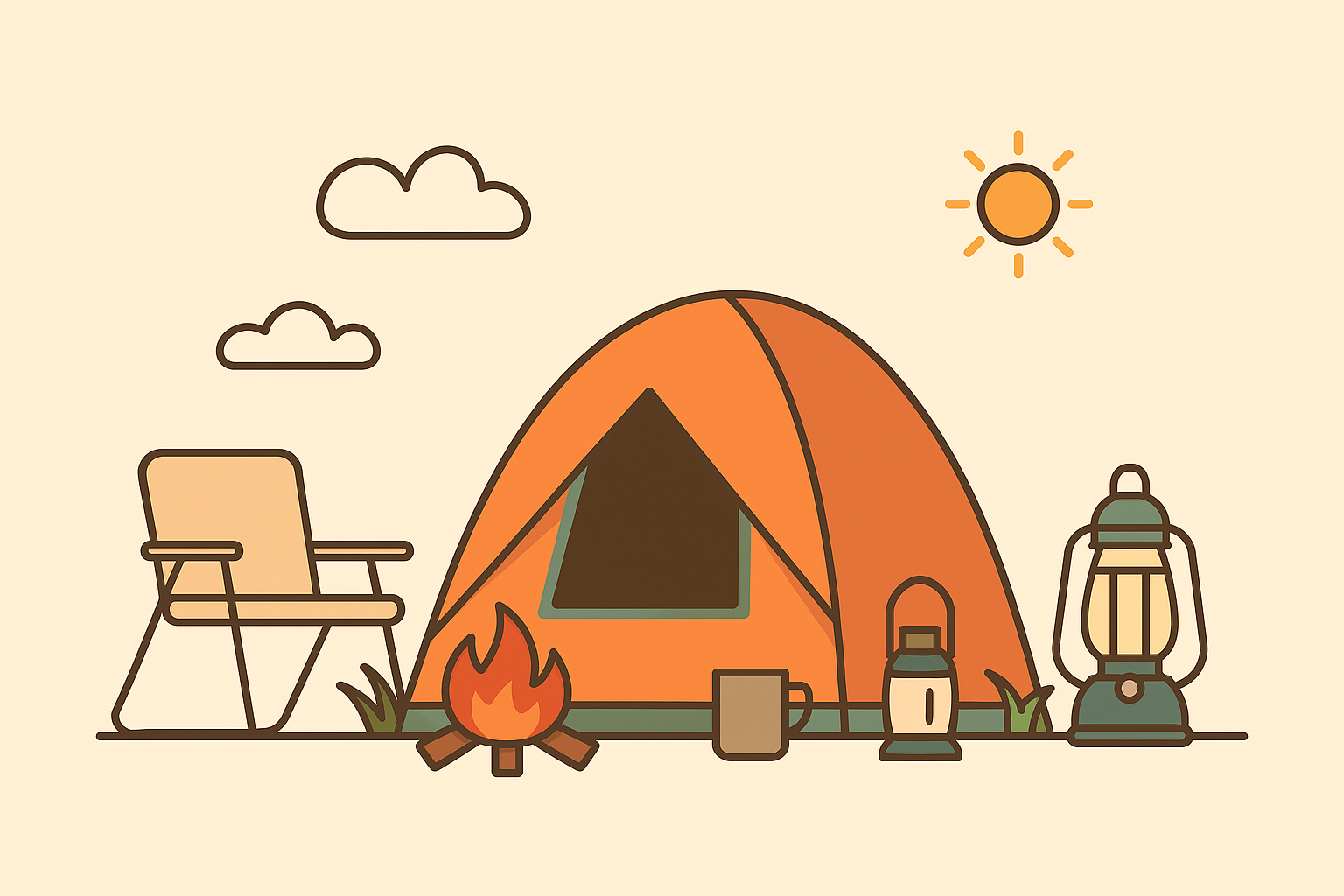 تصویر مینیمال از تجهیزات سفر برای انتخاب محل کمپینگ در طبیعت