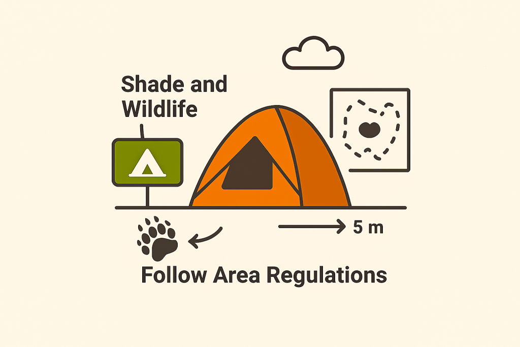 چادر کمپینگ در منطقه مجاز با تابلوی اجازه کمپینگ و نقشه منطقه