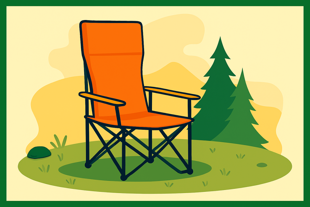 تصویر صندلی کمپینگ با پشتی بلند نارنجی در طبیعت با تپه‌های سبز و درختان کاج