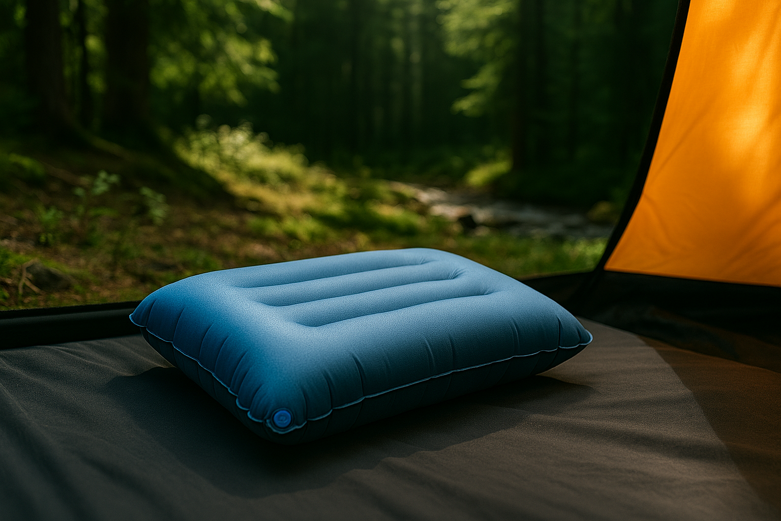 بالش بادی کمپینگ روی زیرانداز داخل چادر، بخشی از راهنمای استفاده از بالش‌های بادی در سفرهای طبیعت‌گردی