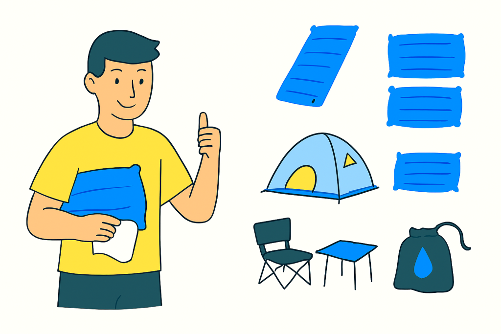 تصویر ترکیب بالش بادی کمپینگ با زیرانداز، چادر سبک، صندلی و میز تاشو برای تجربه راحتتر در سفرهای طبیعتگردی