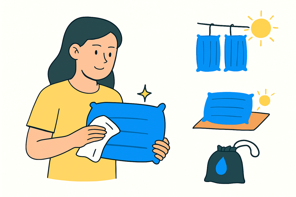 تصویر مراحل نگهداری و تمیز کردن بالش بادی کمپینگ شامل پاک کردن با پارچه مرطوب، خشک کردن کامل، نگهداری در محیط خشک و استفاده از کیسه محافظ، مطابق با راهنمای استفاده از بالشهای بادی در سفرهای طبیعتگردی