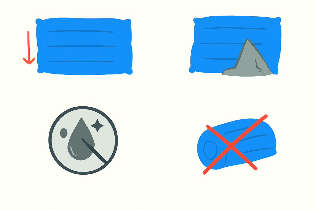 تصویر اشتباهات رایج در استفاده از بالش بادی کمپینگ شامل باد زیاد یا کم، قرار دادن روی سطح تیز، نگهداری در محیط مرطوب، و جمع نکردن کامل، مطابق با راهنمای استفاده از بالشهای بادی در سفرهای طبیعتگردی