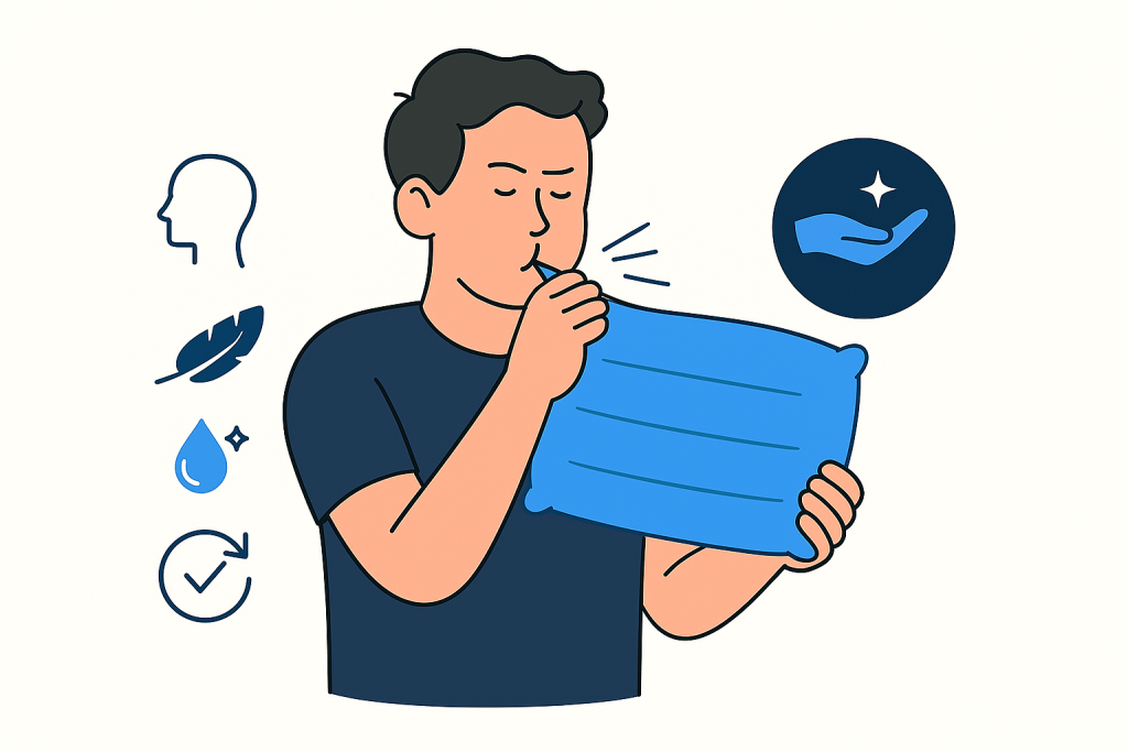 تصویر مراحل باد کردن دستی و با پمپ داخلی بالش بادی کمپینگ و تست سفتی قبل از خواب، مطابق با راهنمای استفاده از بالشهای بادی در سفرهای طبیعتگردی