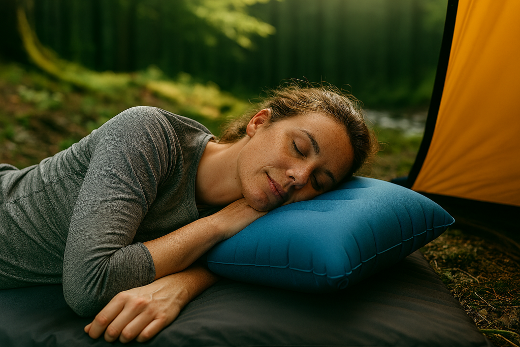 استفاده از بالش بادی کمپینگ برای پشتیبانی گردن و شانه در سفرهای طبیعتگردی، مطابق با راهنمای استفاده از بالشهای بادی در کمپینگ