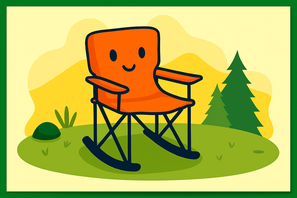 تصویر صندلی کمپینگ کودک نارنجی با طراحی کوچک و ایمن در فضای طبیعت با چادر و درختان کاج