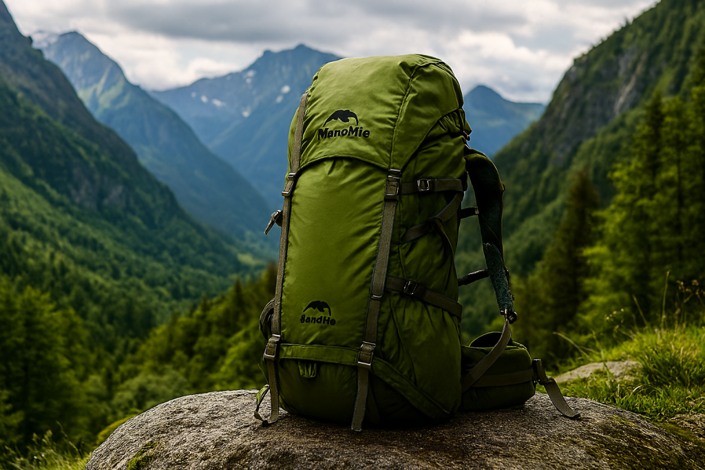 کوله‌پشتی سبز برند نیچرهایک تکیه داده به سنگ در مسیر کوهستانی با منظره جنگلی