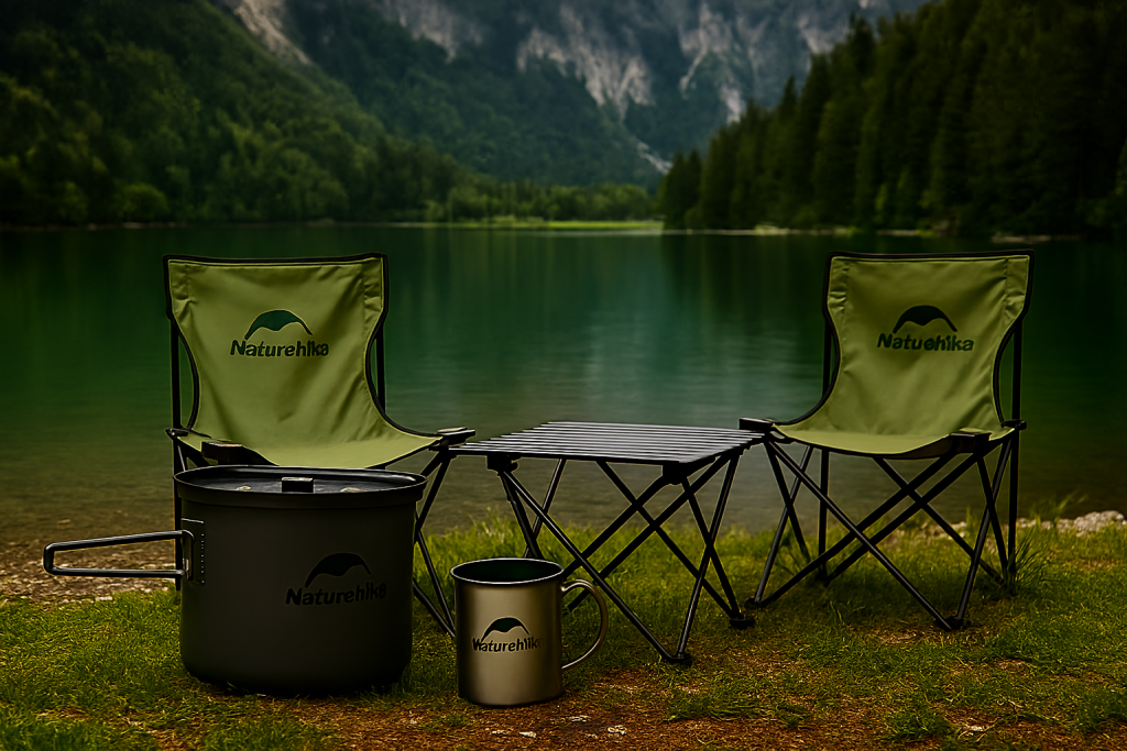 ست میز و صندلی‌های تاشو برند نیچرهایک با نمای پشت دریاچه کوهستانی