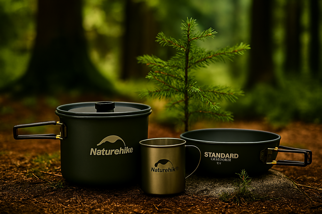 ست ظروف کمپینگ برند نیچرهایک کنار نهال درخت در جنگل