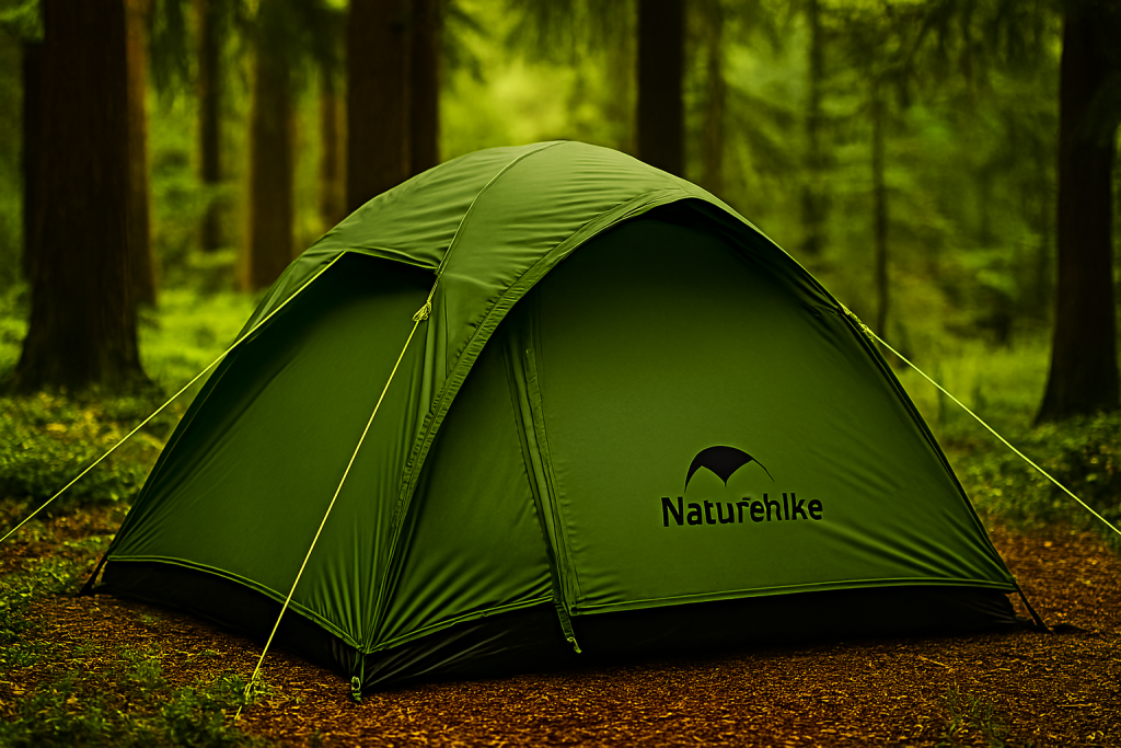چادر سبز برند نیچرهایک برپا شده در جنگل با نور طبیعی صبحگاهی